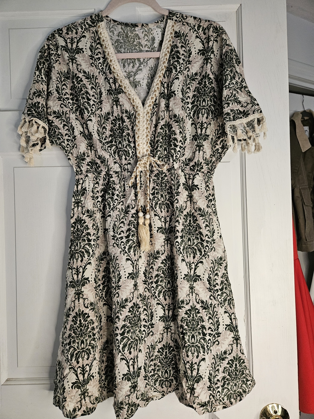 Cupshe Cream Dress with Dark Green Botanical Print and Tassel Tie